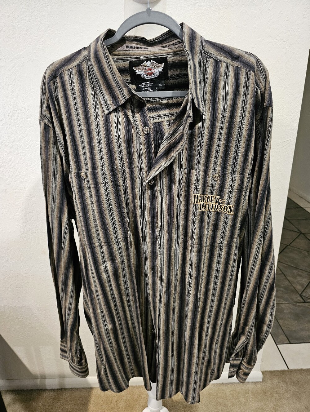 Harley-Davidson Vintage Men's Striped Long-Sleeve Button-Up Shirt Black Sz XL